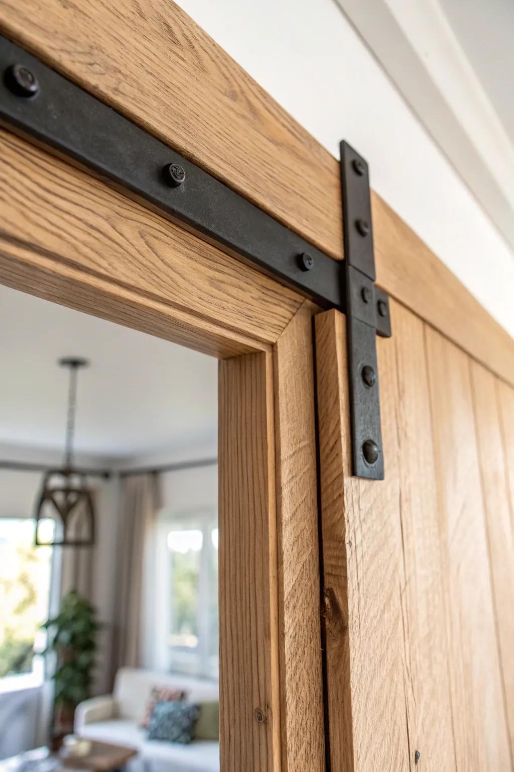 Matte-black corner brackets add instant farmhouse grit to rustic trim—no door swap needed.