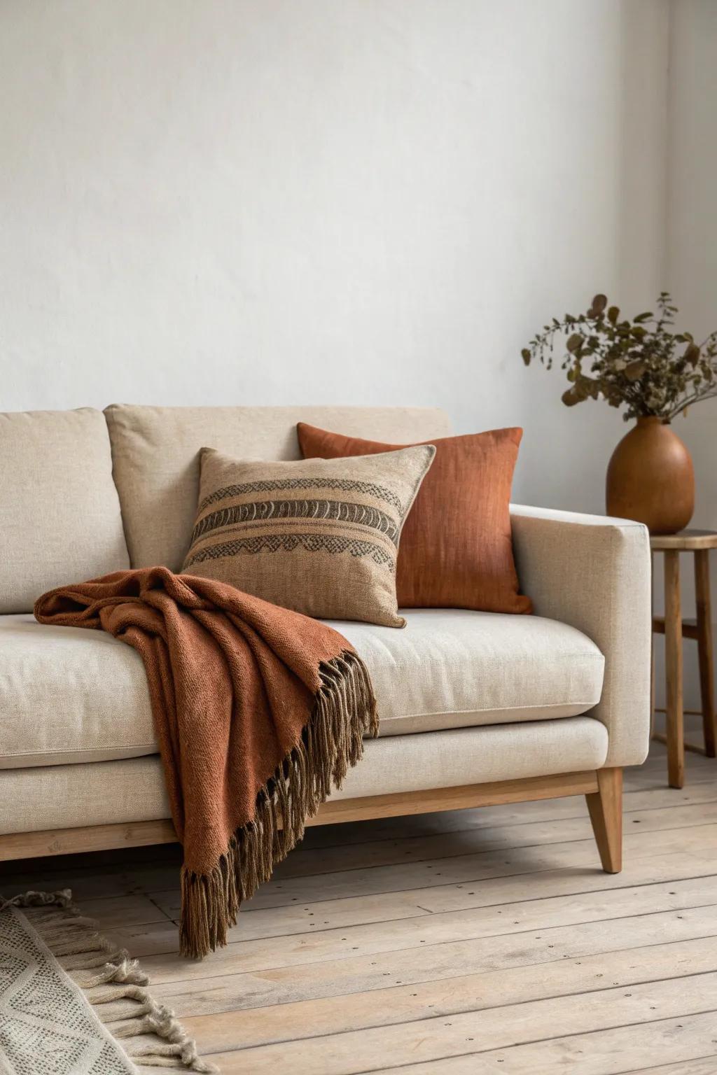 Terracotta pillows + olive throw on a beige linen sofa—rustic earth tones, softly Scandinavian.