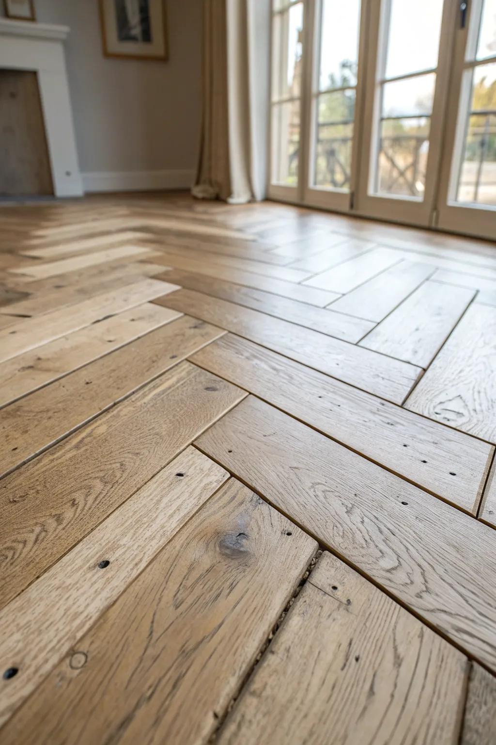 Rustic chevron planks with knots and a soft worn finish—bold pattern, warm natural grain.