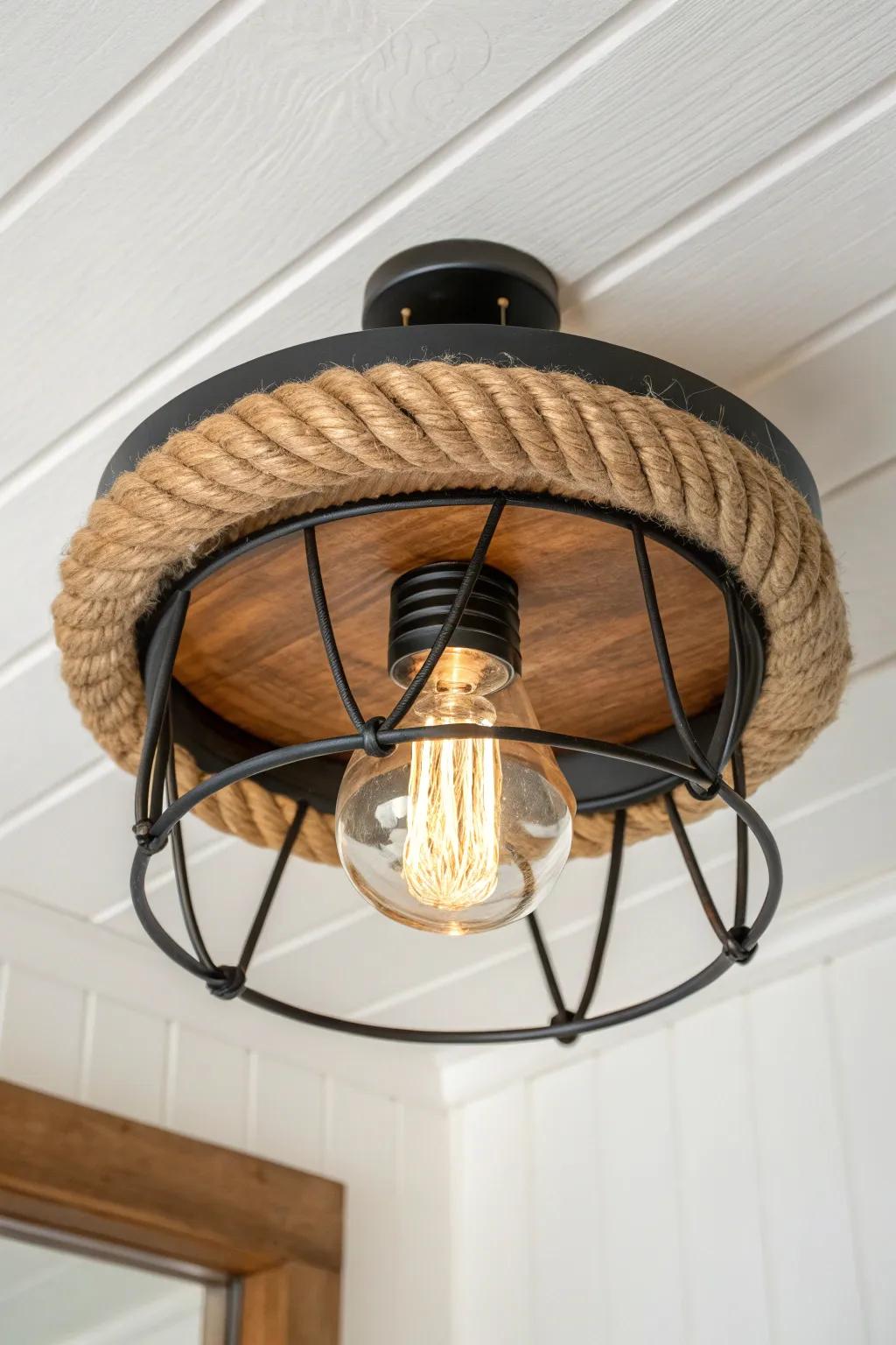 Rope-wrapped wood rim + black metal cage: a flush mount with warm, rustic-meets-minimal charm.