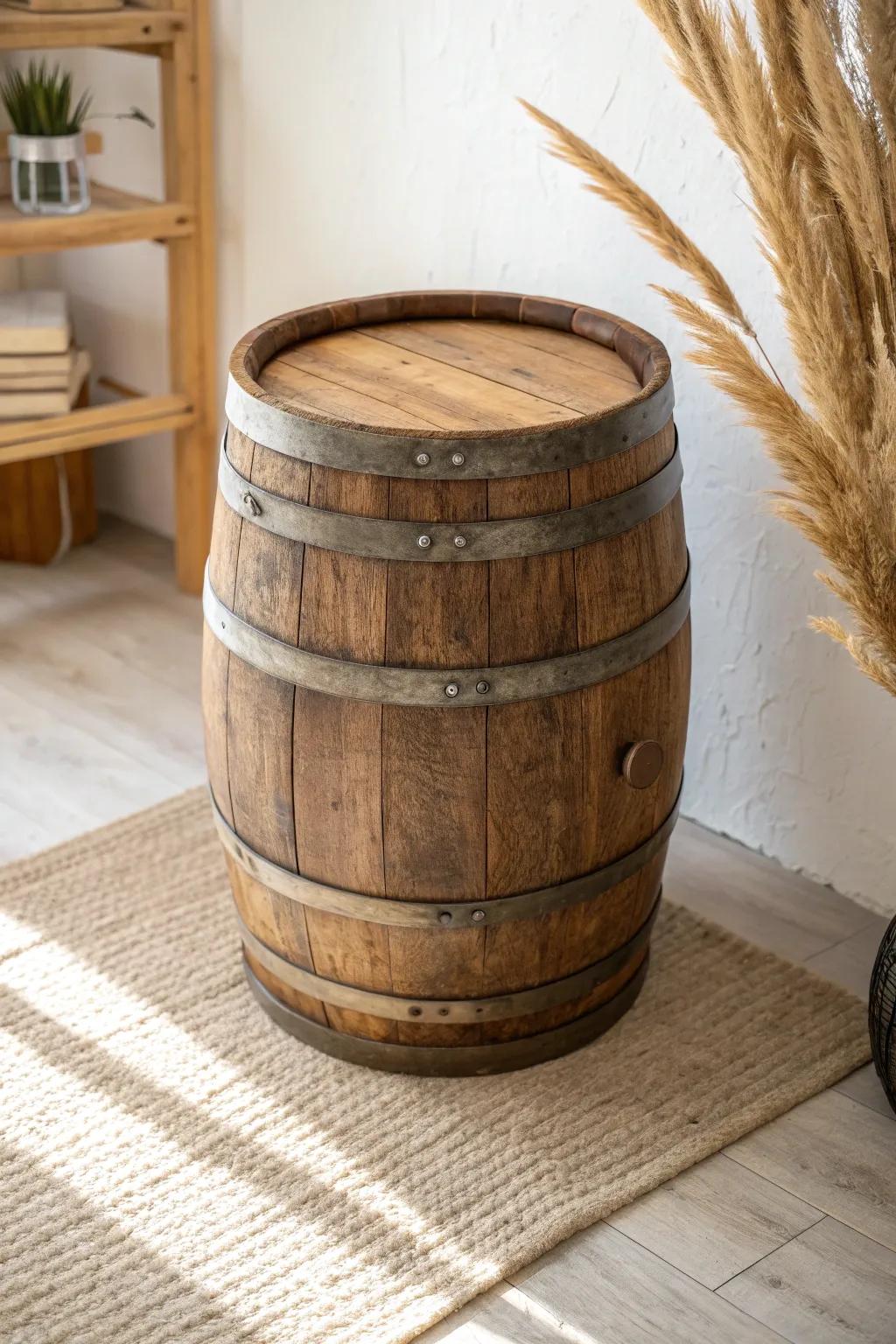Whiskey-barrel side table in reclaimed oak—rustic character, compact size, and artisan detail.