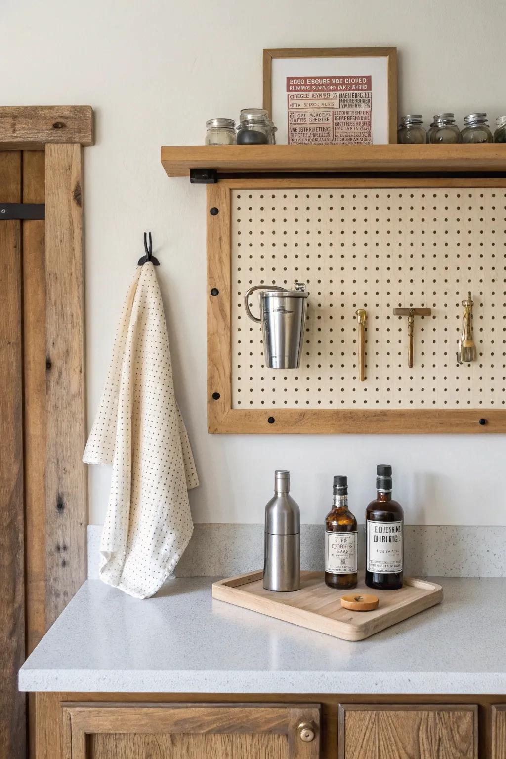 Framed pegboard backsplash keeps bar tools tidy—reclaimed trim, warm brass hooks, garage chic.