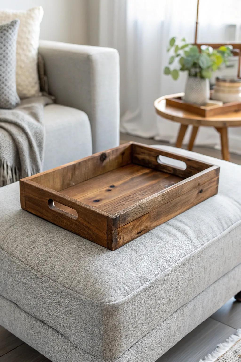 Grey ottoman + rustic brown wood tray: minimalist, cozy function with handmade charm.