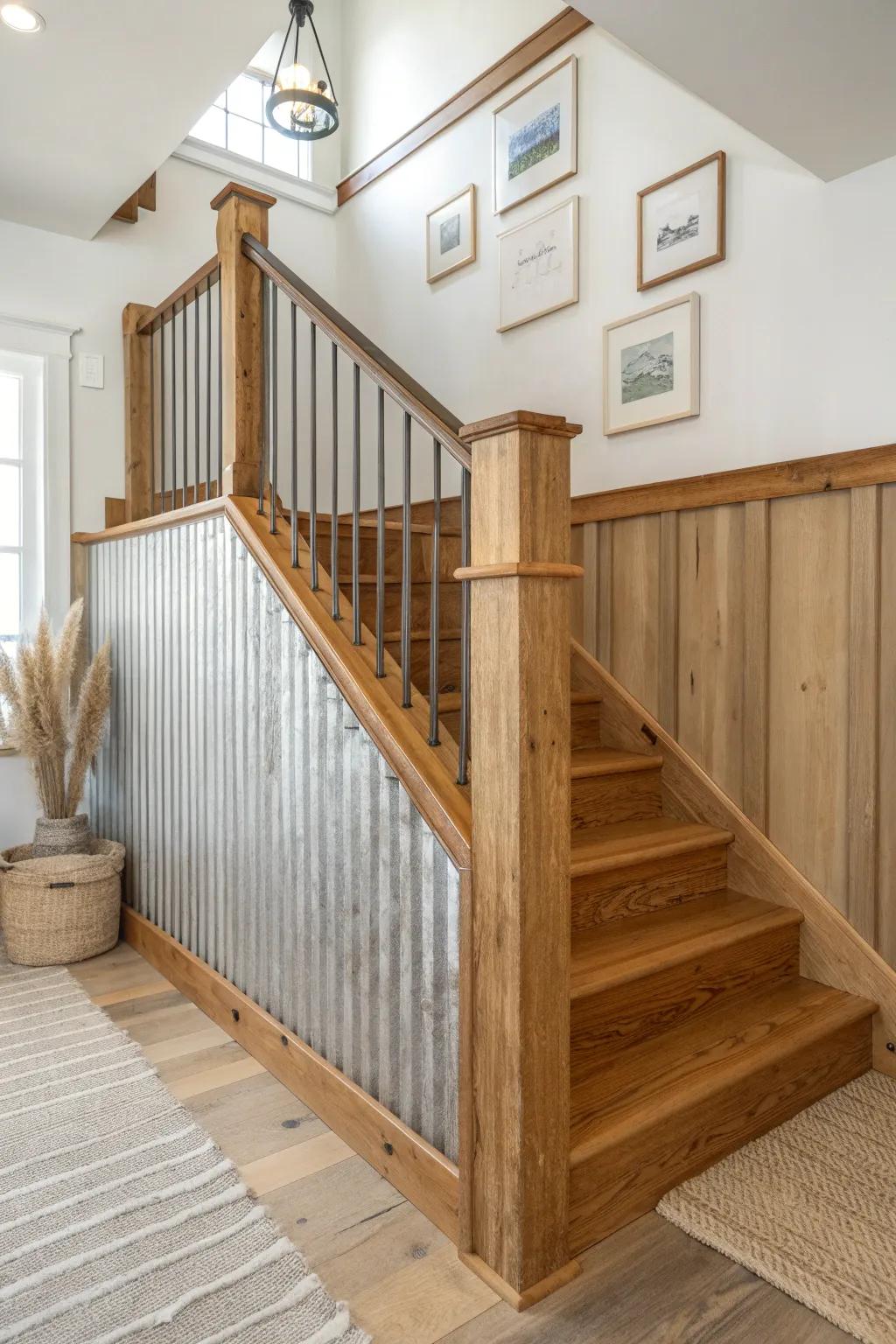 Wraparound half tin + wood stairwell wall—beautiful craftsmanship that shrugs off scuffs.