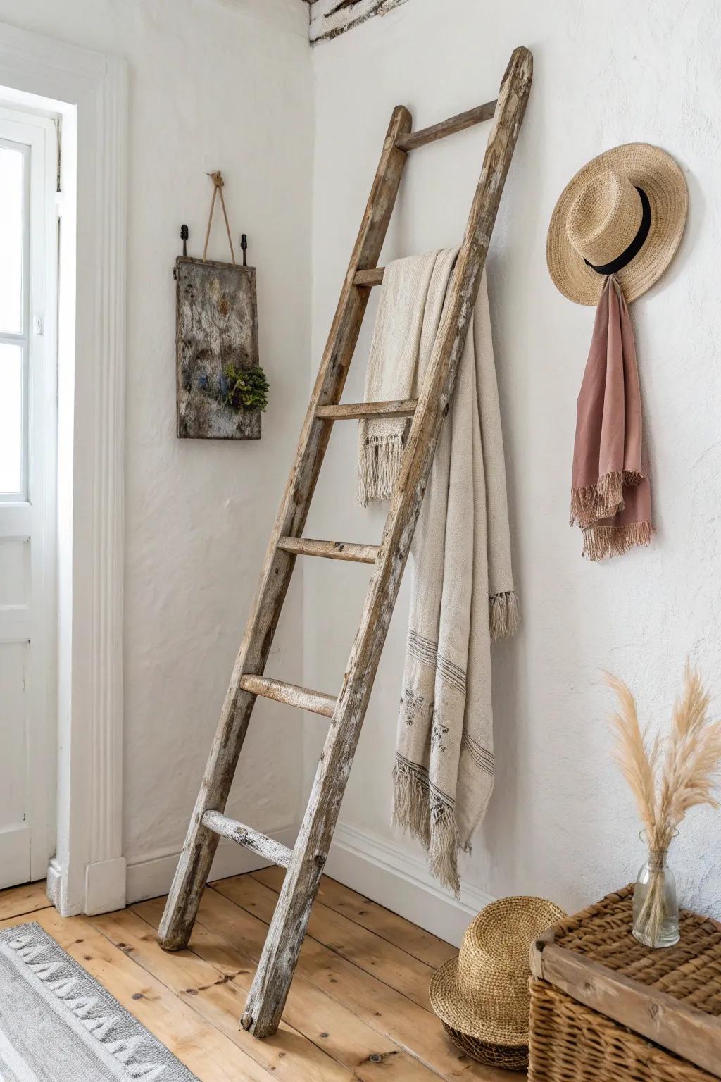 A vintage wood ladder adds instant rustic charm—perfect for blankets, scarves, and hats.