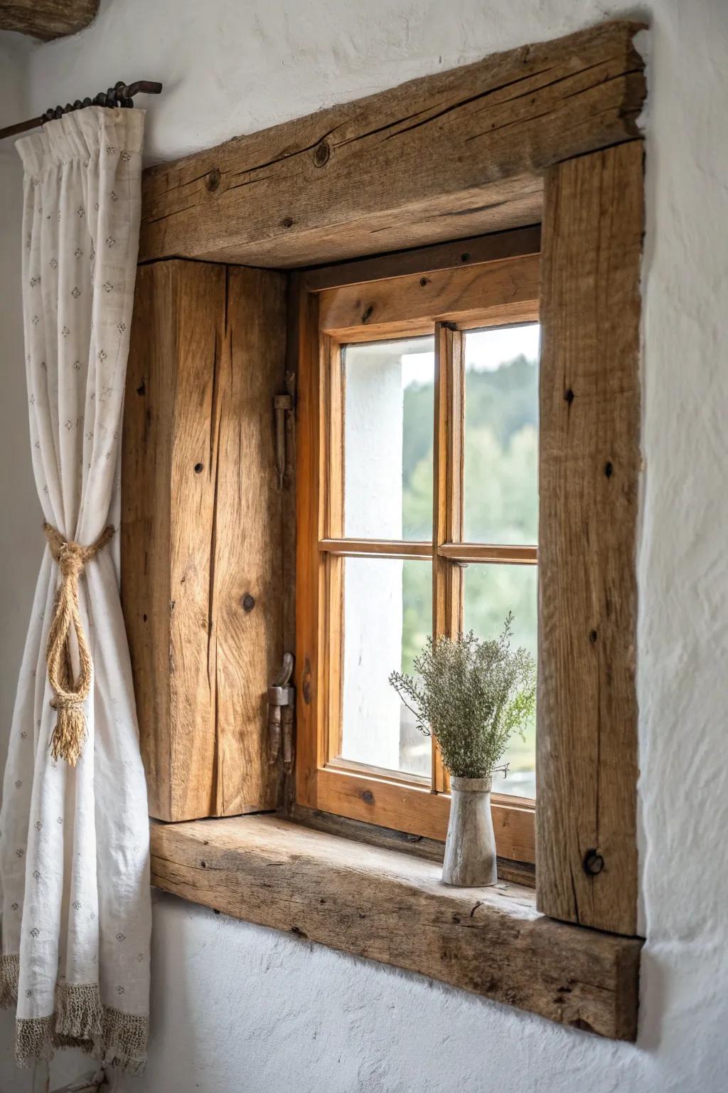 Chunky reclaimed-wood window trim for instant cabin-meets-farmhouse charm—no remodel needed.