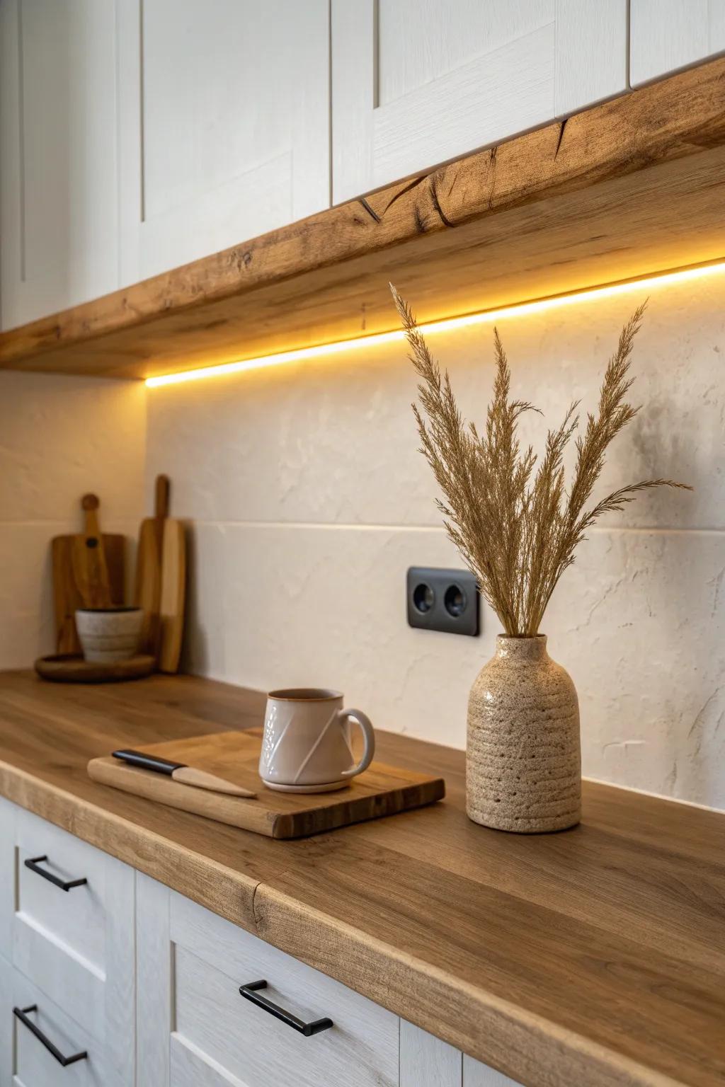 Warm under-cabinet glow that makes butcher block and reclaimed shelves look instantly luxe.