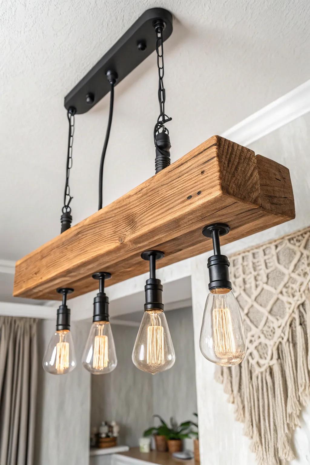 Farmhouse-meets-minimal: metal pipe + warm wood frame light for a rustic, modern glow.