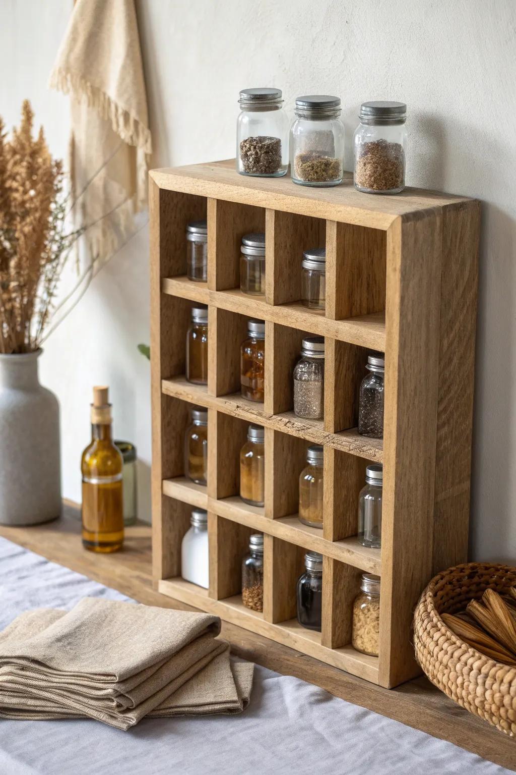 A rustic wood grid organizer that turns bottles and jars into a tidy apothecary display.
