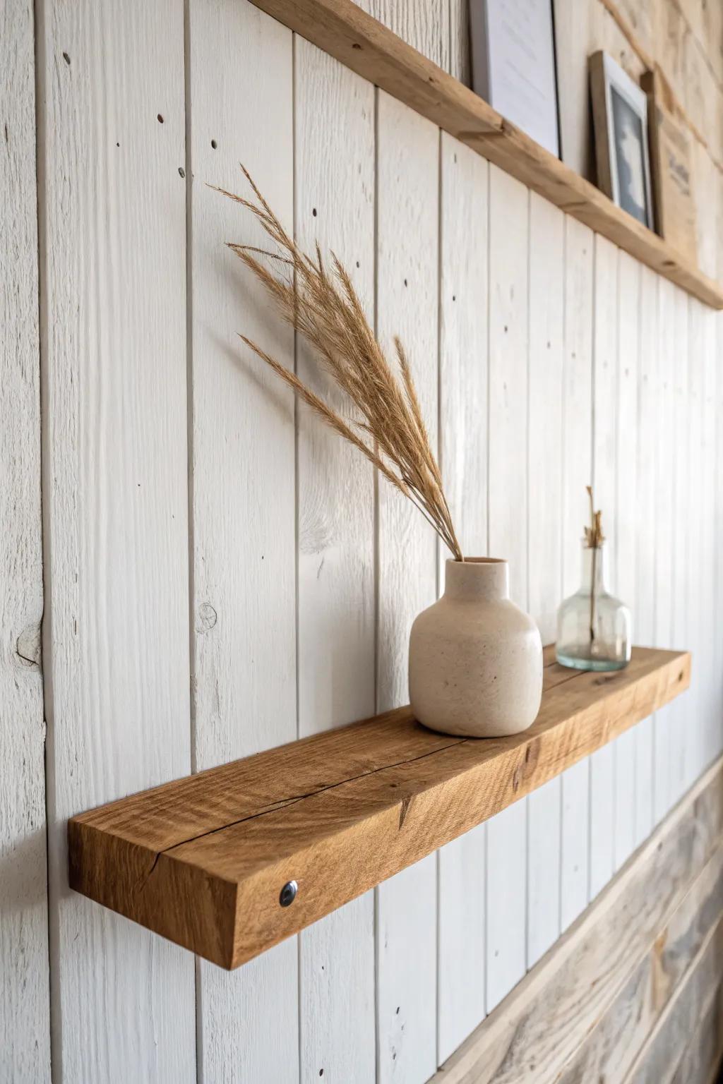 Rustic shiplap + a floating oak shelf: tidy lines, warm minimal style, made to last.