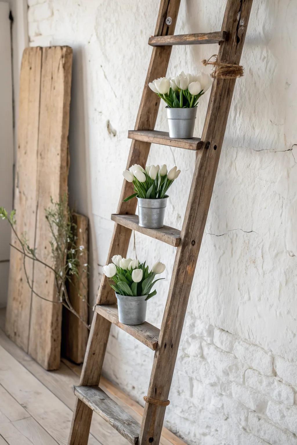 A reclaimed wood ladder with hanging spring blooms—simple vertical rustic charm for bright rooms.