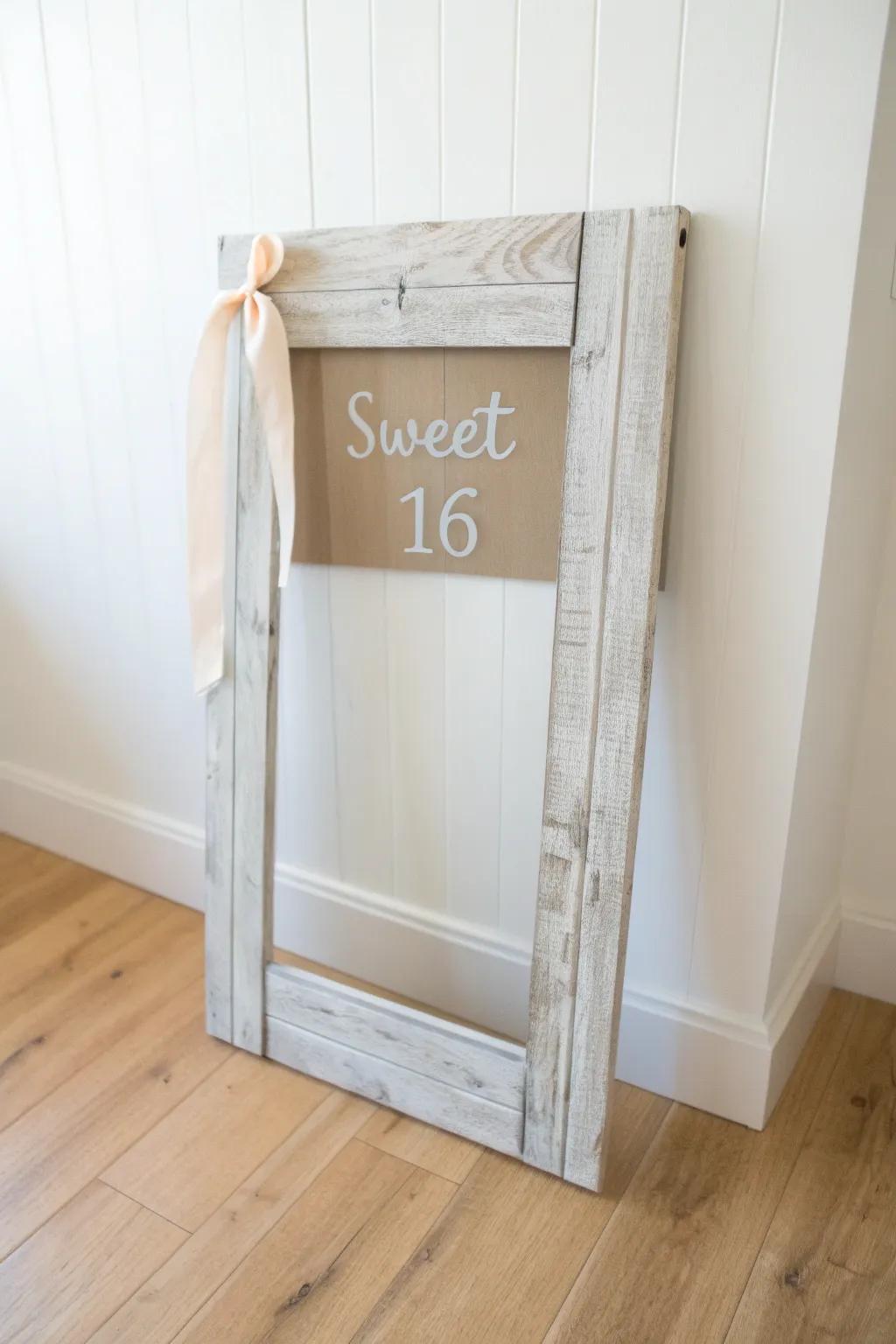 Matte shiplap Polaroid booth frame with hand-lettered “Sweet 16” for rustic party photos.