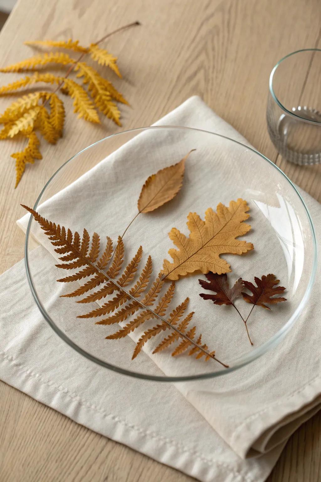 Pressed leaves under glass add an effortless rustic wow to a clean, Scandinavian tablescape.