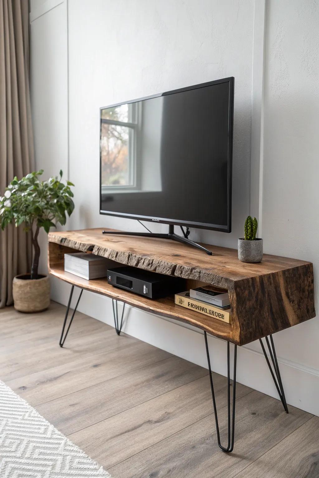 Live-edge rustic TV stand with clean lines—natural grain, modern legs, timeless warmth.