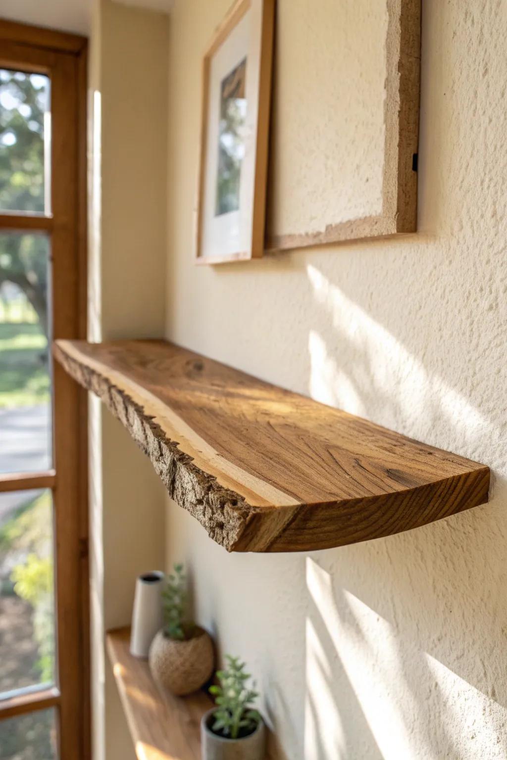 A sculptural live-edge shelf that brings organic rustic warmth to a minimalist wall.