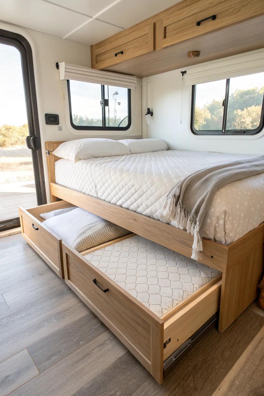 A sleek rolling trundle bed that hides under your RV bed—extra sleep space, zero clutter.