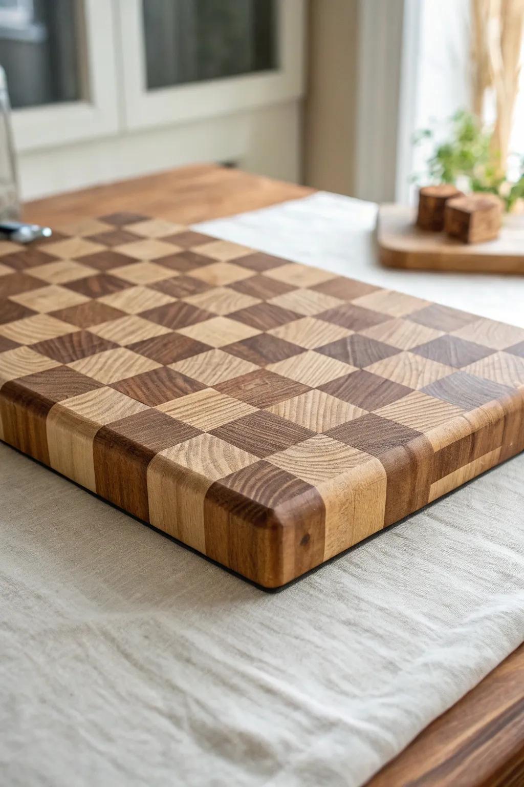 End-grain checkerboard countertop: a scrap-wood patchwork that turns any RV into a showpiece.