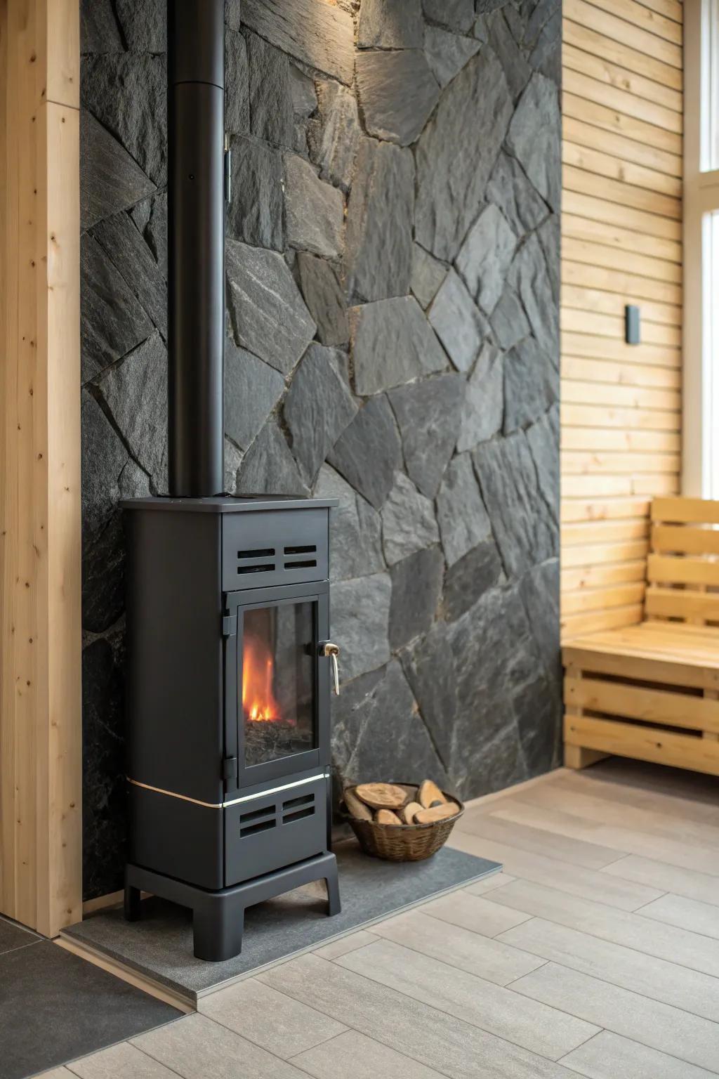 A stone feature wall behind the heater adds drama—natural texture meets clean Nordic calm.