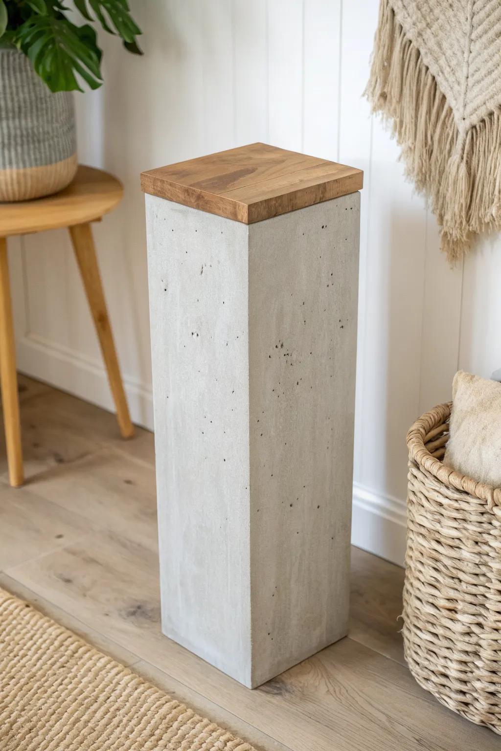 Concrete plinth with a warm oak cap—modern weight below, handcrafted wood beauty above.