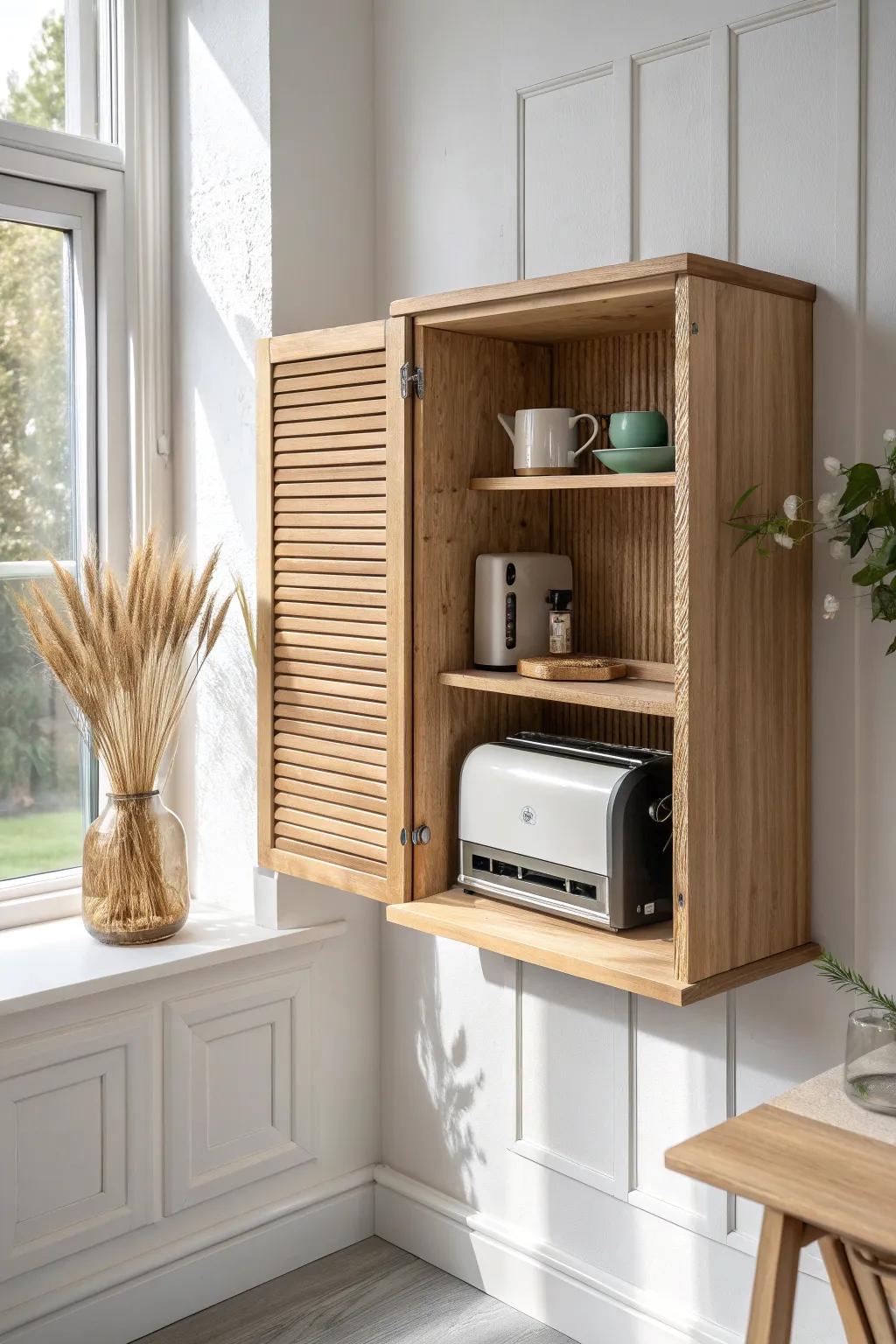 A roll-up plywood appliance garage keeps noisy gadgets tucked away—calm, clean second-kitchen vibes.