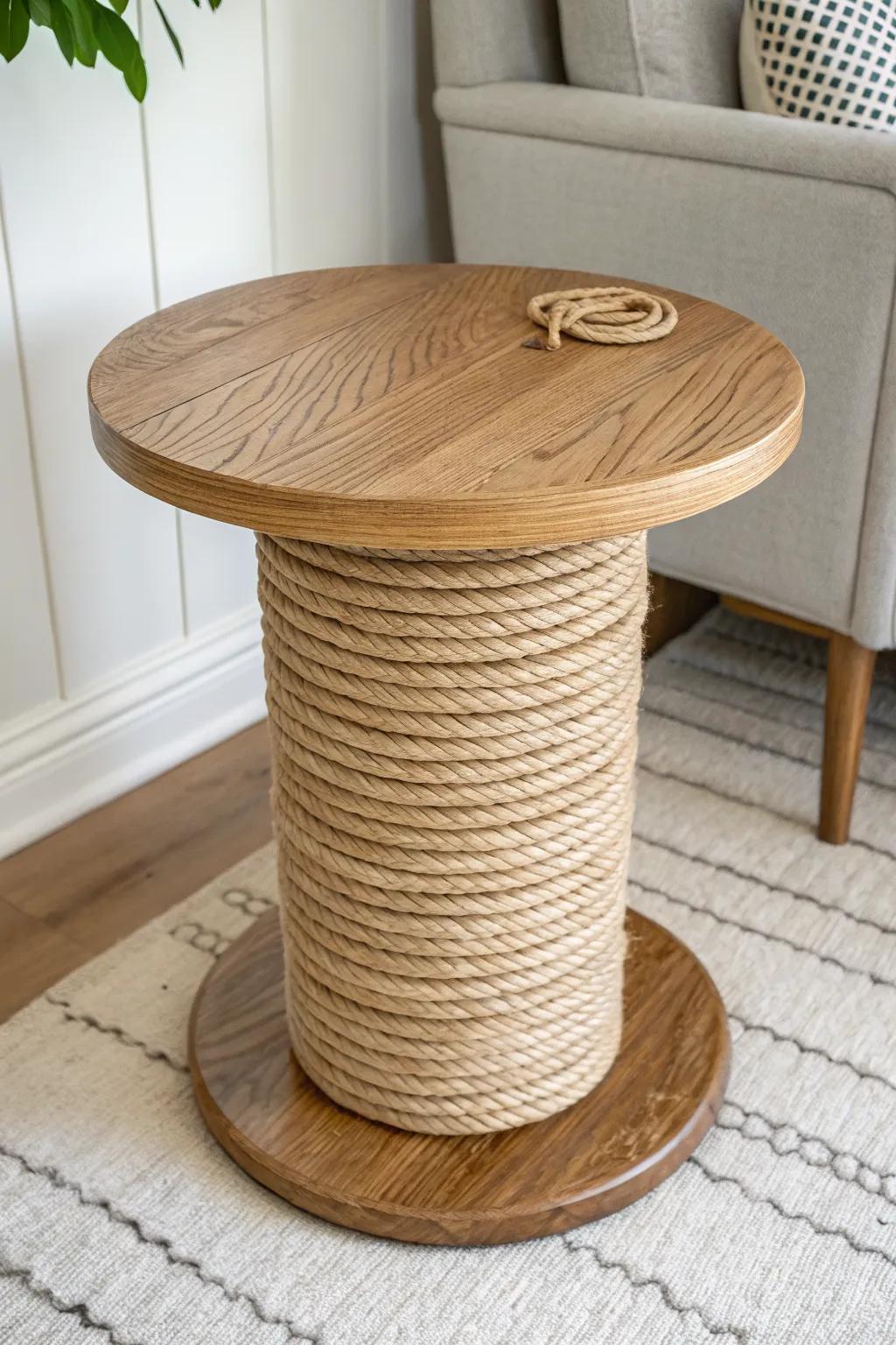 Rope-wrapped wood end table: cozy texture + clean Scandinavian lines for sectional corners.
