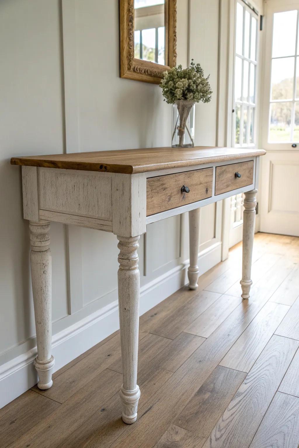 Chippy white base, warm stained top—shabby chic console style that’s pretty and practical.