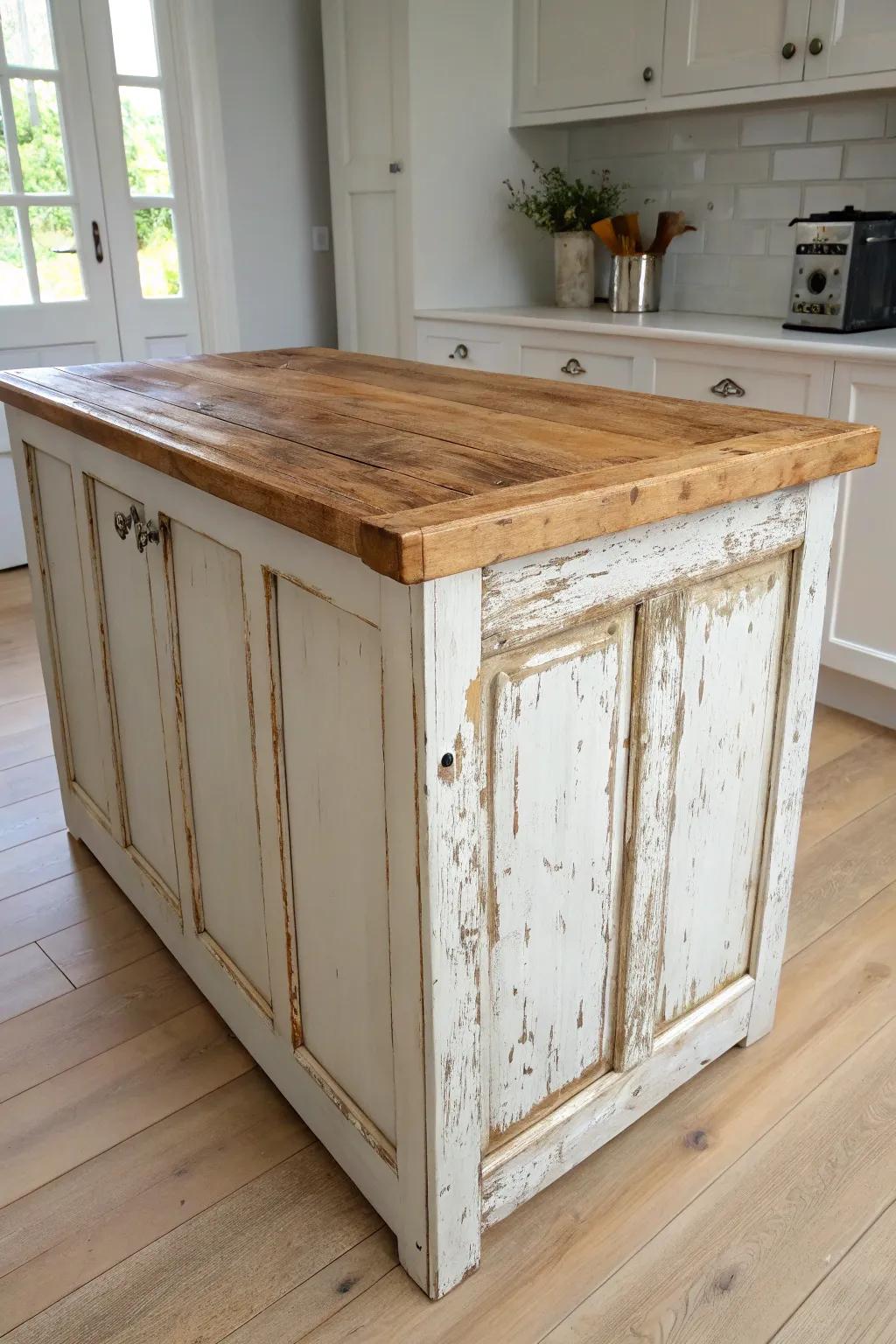 A reclaimed door turned island top—sealed, durable, and perfectly shabby chic.