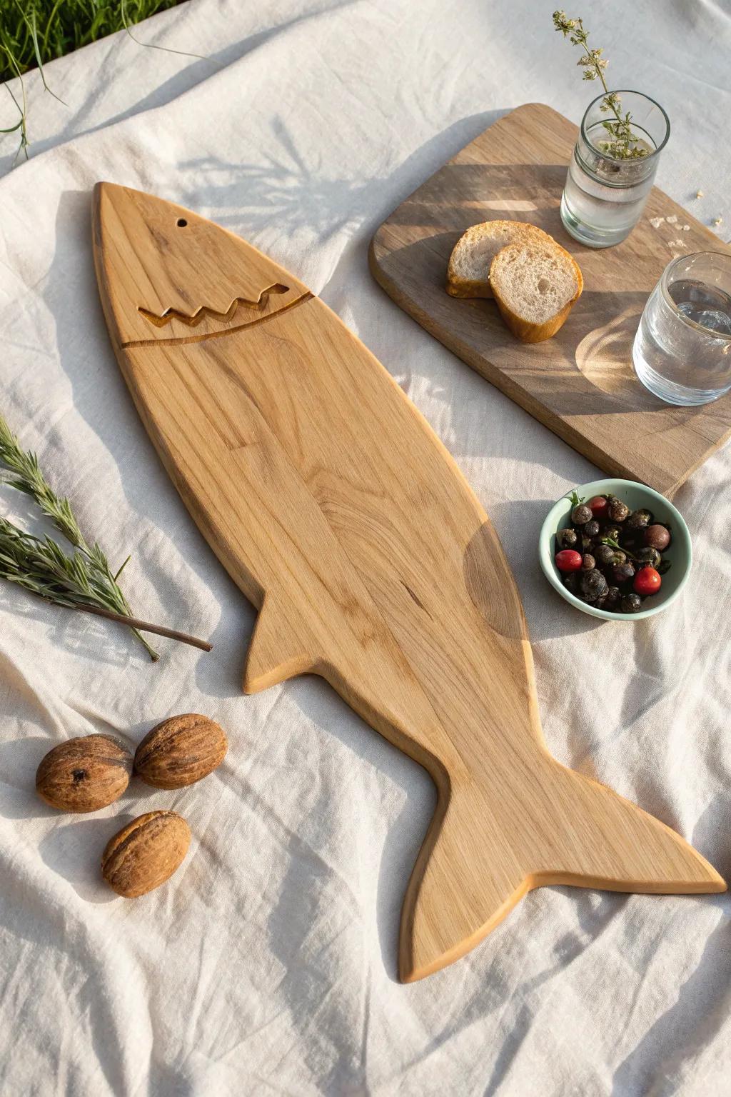 Subtle wood-burned shark outline guide for styling a charcuterie board fast and beautifully.