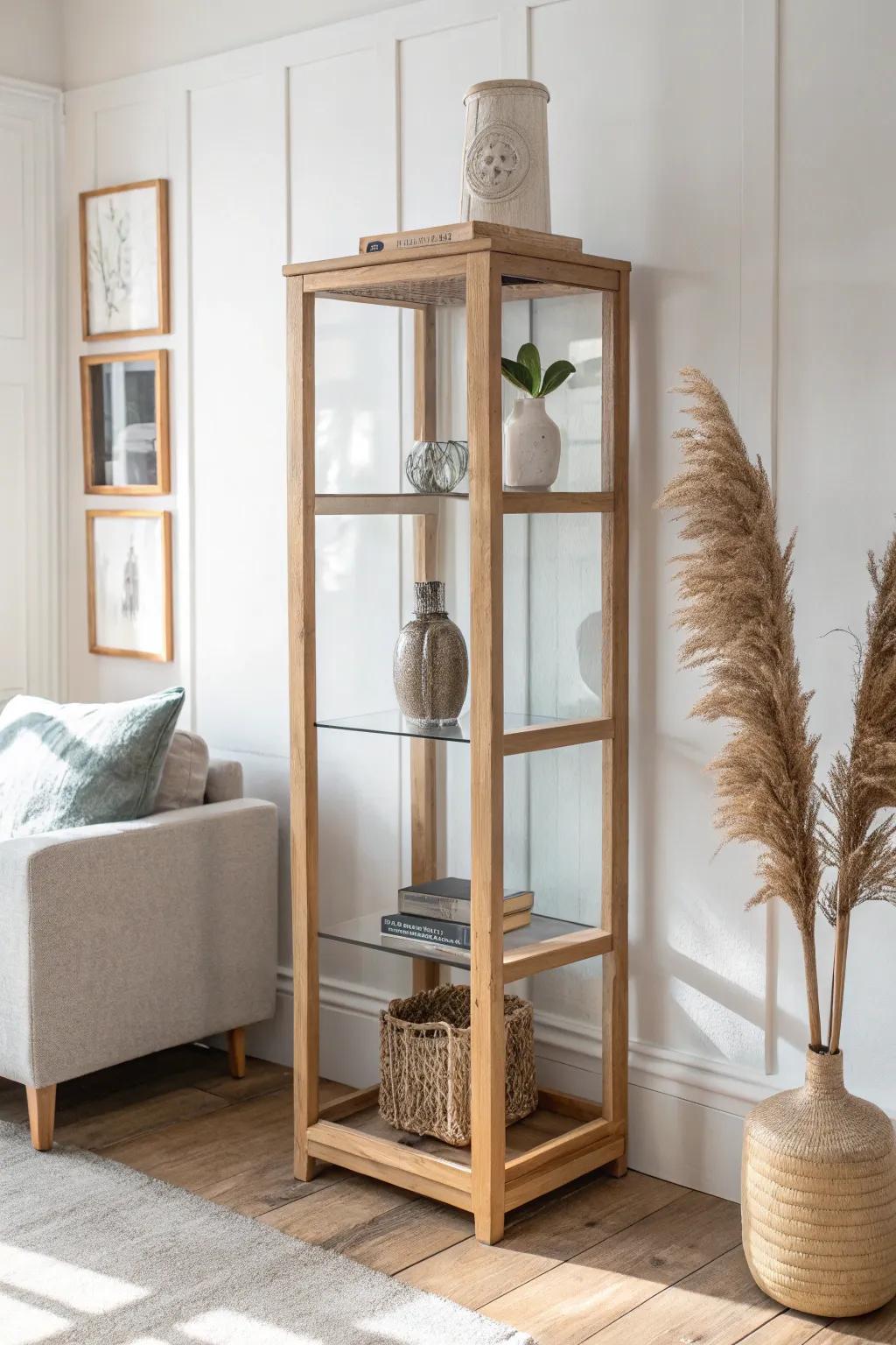 Light oak frame + glass shelves: an airy, clutter-free display with Scandinavian calm.
