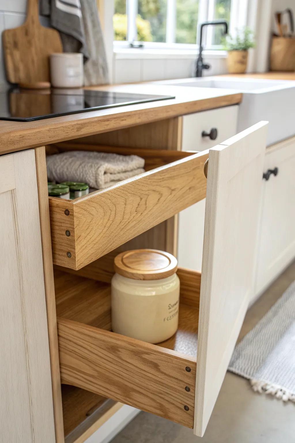 Pull-out shelves bring deep cabinets to you—clean oak, smooth glide, zero digging.