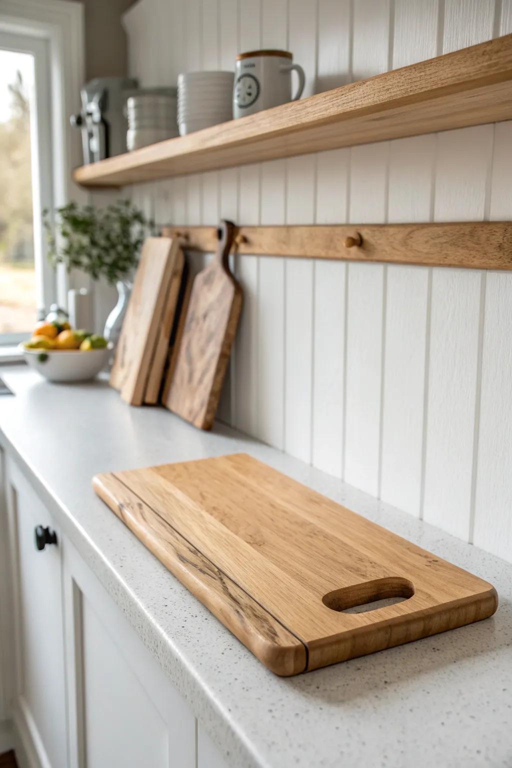 A slim oak ledge rail atop white shiplap—style a cutting board without extra holes.
