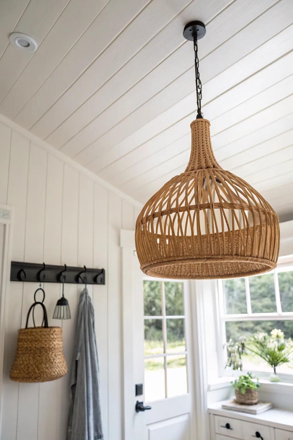 A white shiplap ceiling + woven pendant turns a builder-basic mudroom into a cozy surprise.