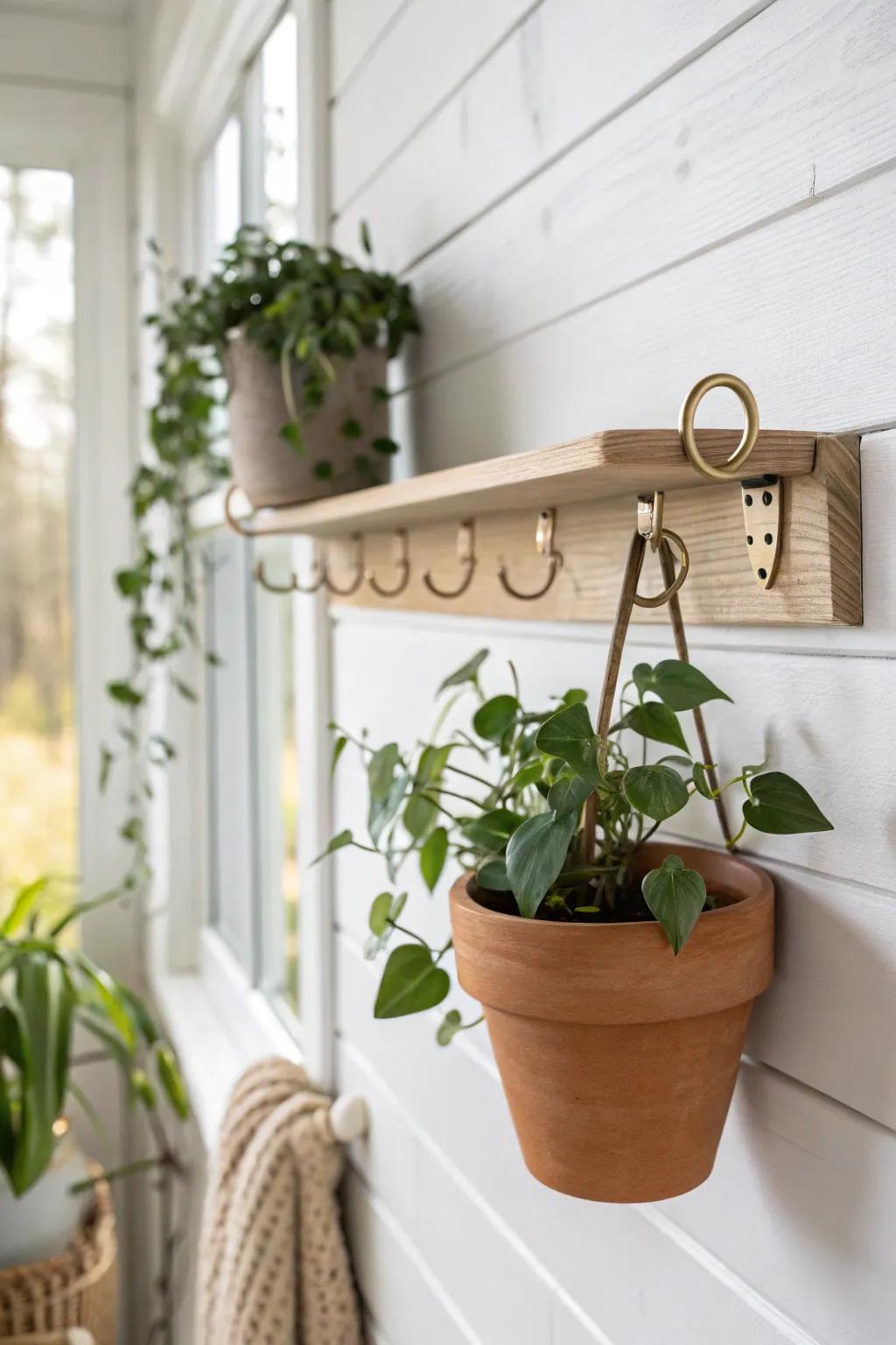 White shiplap + a handcrafted wood ledge makes an indoor plant wall feel lush and serene.