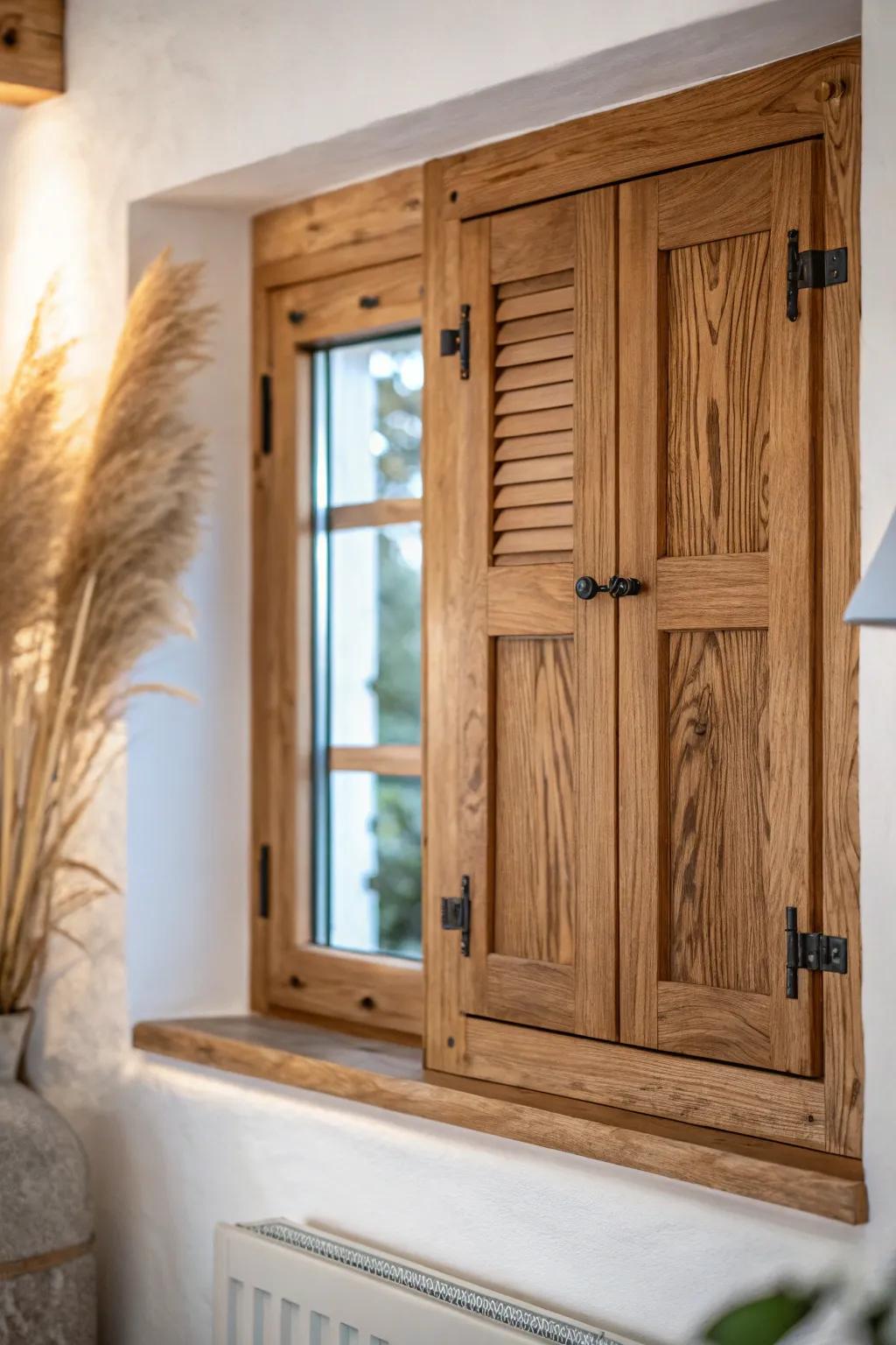 Solid wood panel shutters that blackout fast—instant cozy movie-night vibes and privacy.
