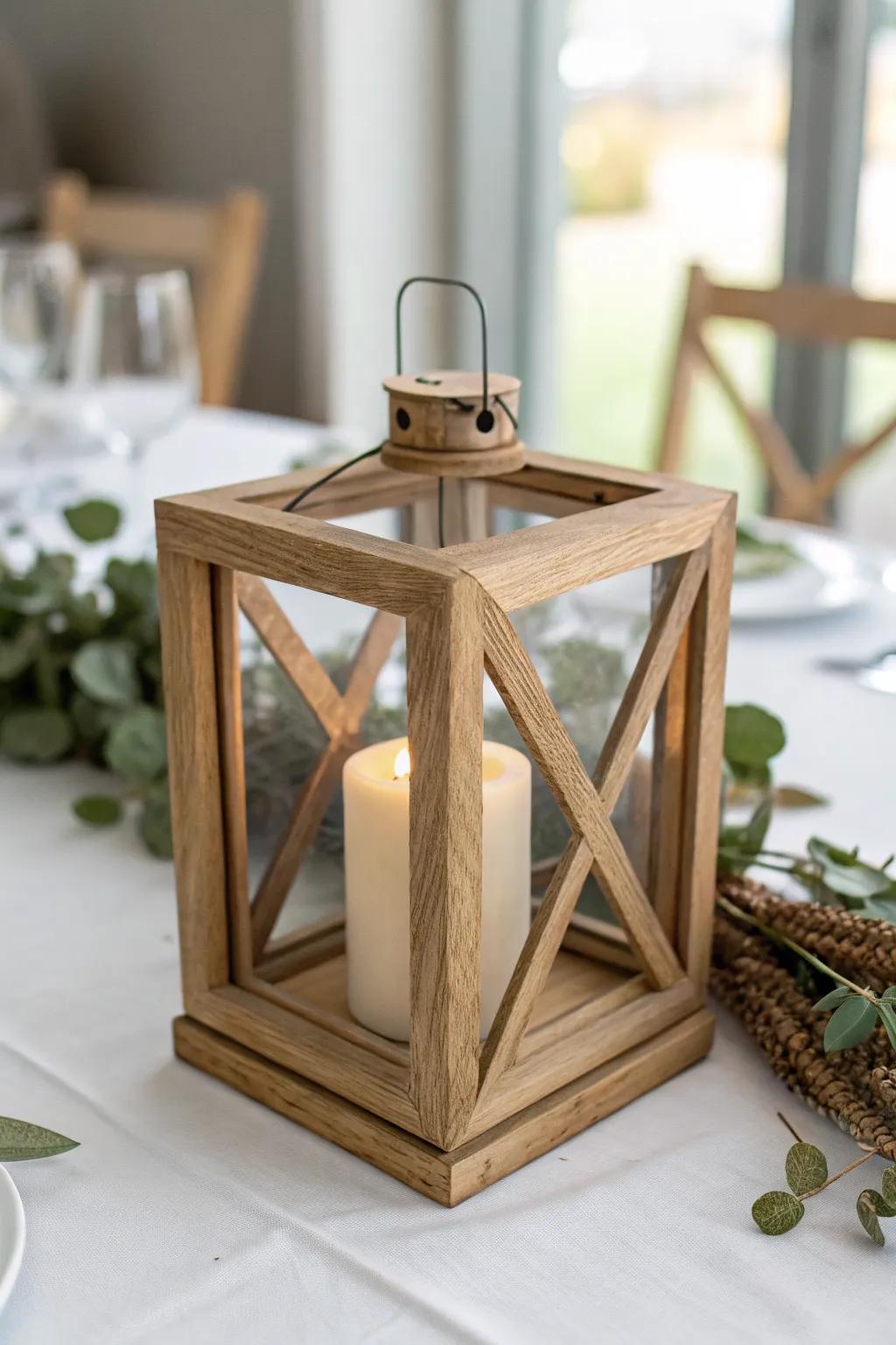 Mini scrap-wood lanterns with candlelight bring cozy, handmade Nordic charm to wedding tables.