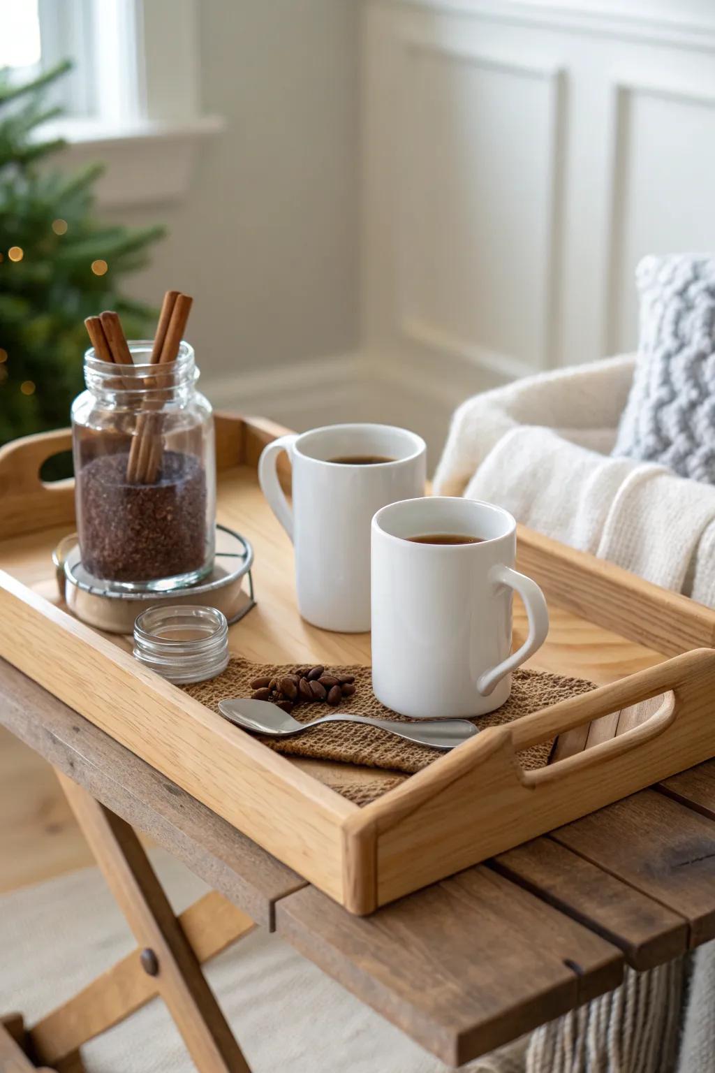 A cozy after-ski drink station—reclaimed wood tray, warm mugs, and simple stir-ins.