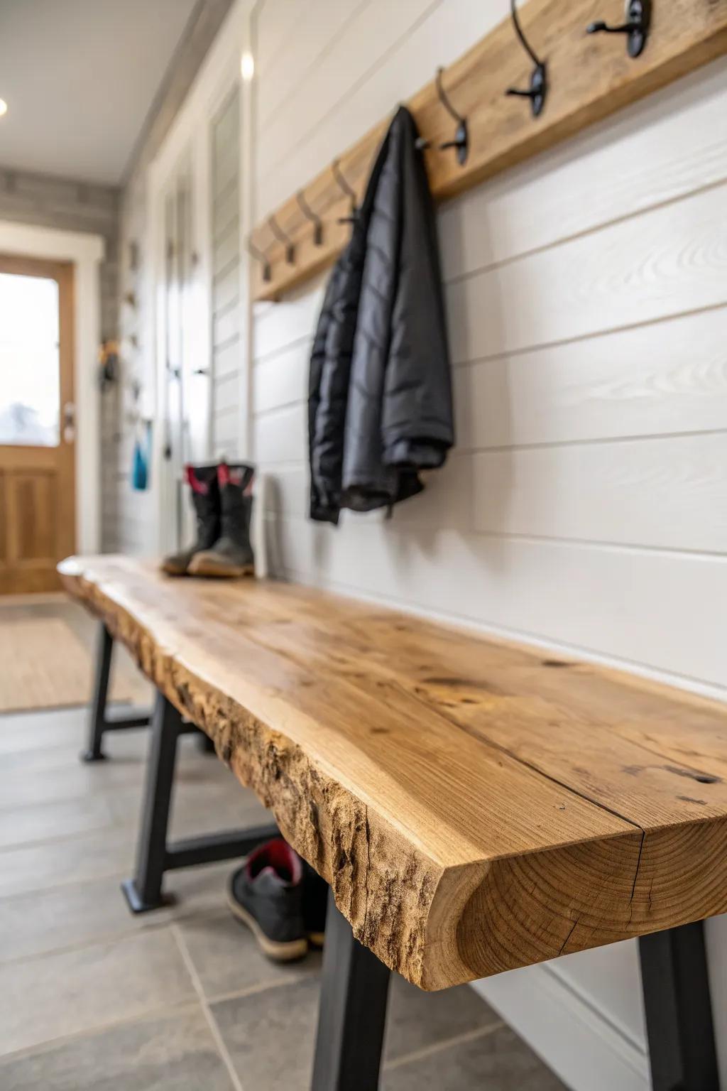 Sealed live-edge bench top for cozy lodge style—rugged grain that hides ski-boot scuffs.