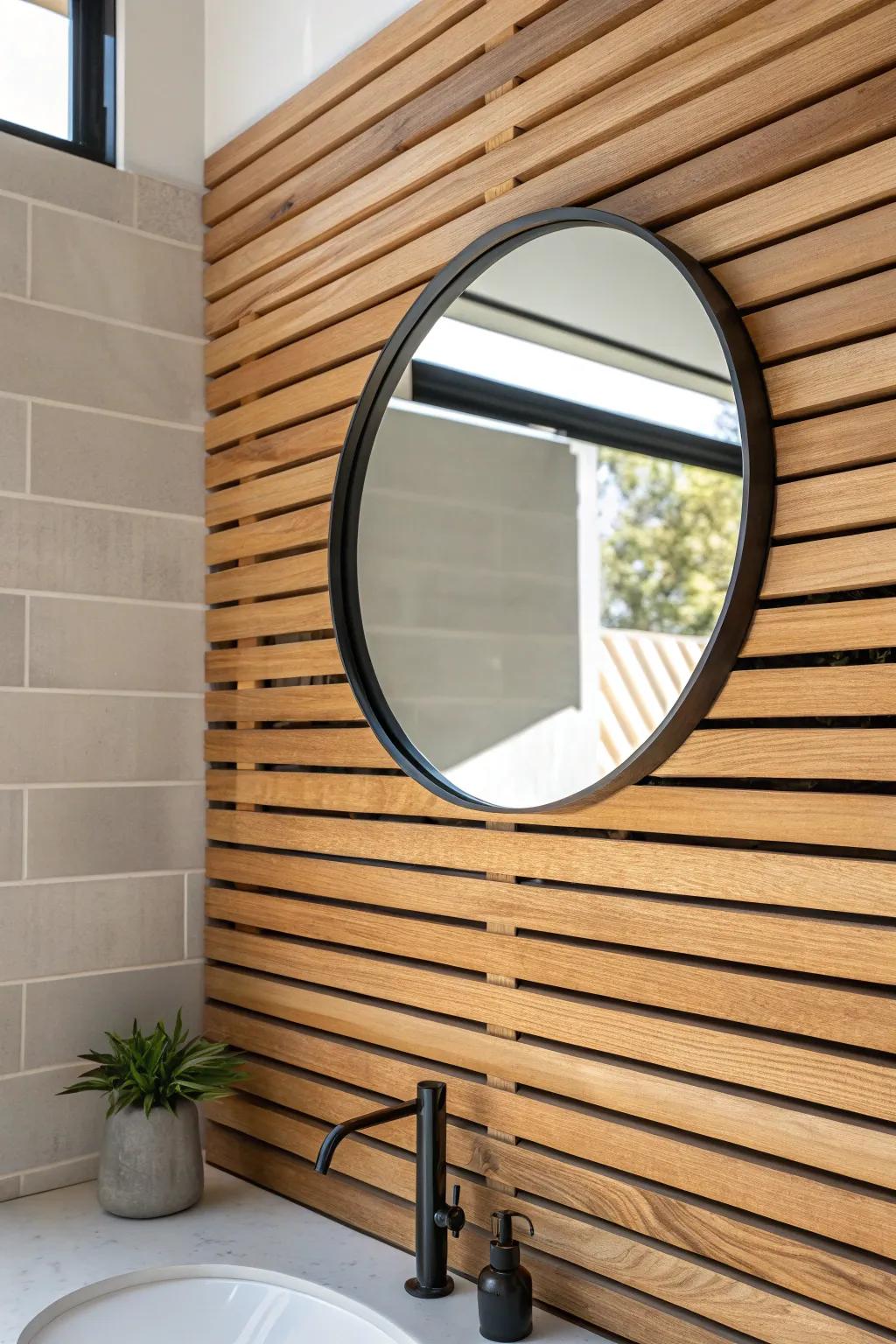 Two close stain tones on a slat wall add a quiet pattern—custom, calm, and never busy.