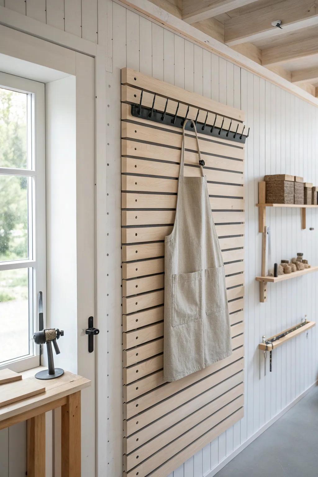 A tidy slat wall row for clamps and squares—clean lines, warm wood, and instant calm.