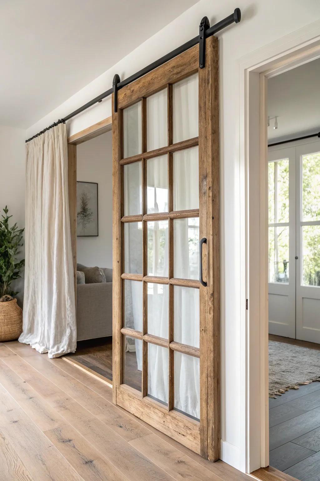 Reclaimed window sashes become a light‑filtering sliding wall—vintage charm, clean lines.
