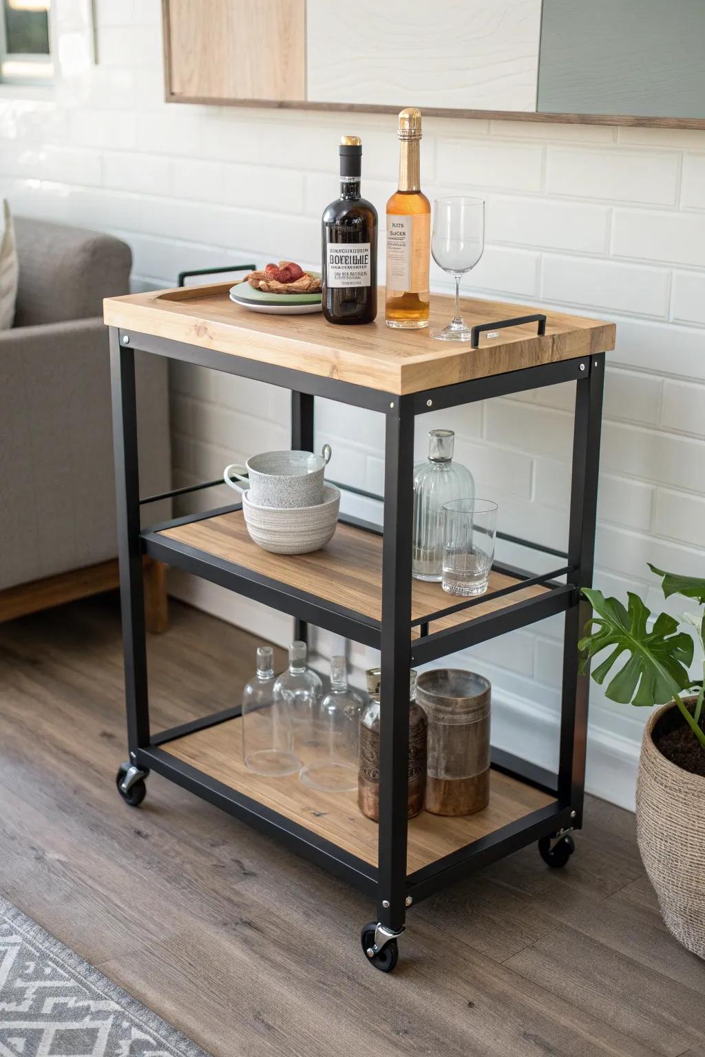 A rolling cart bar counter with a thick oak top and rail—minimal, boho, and ready to move.