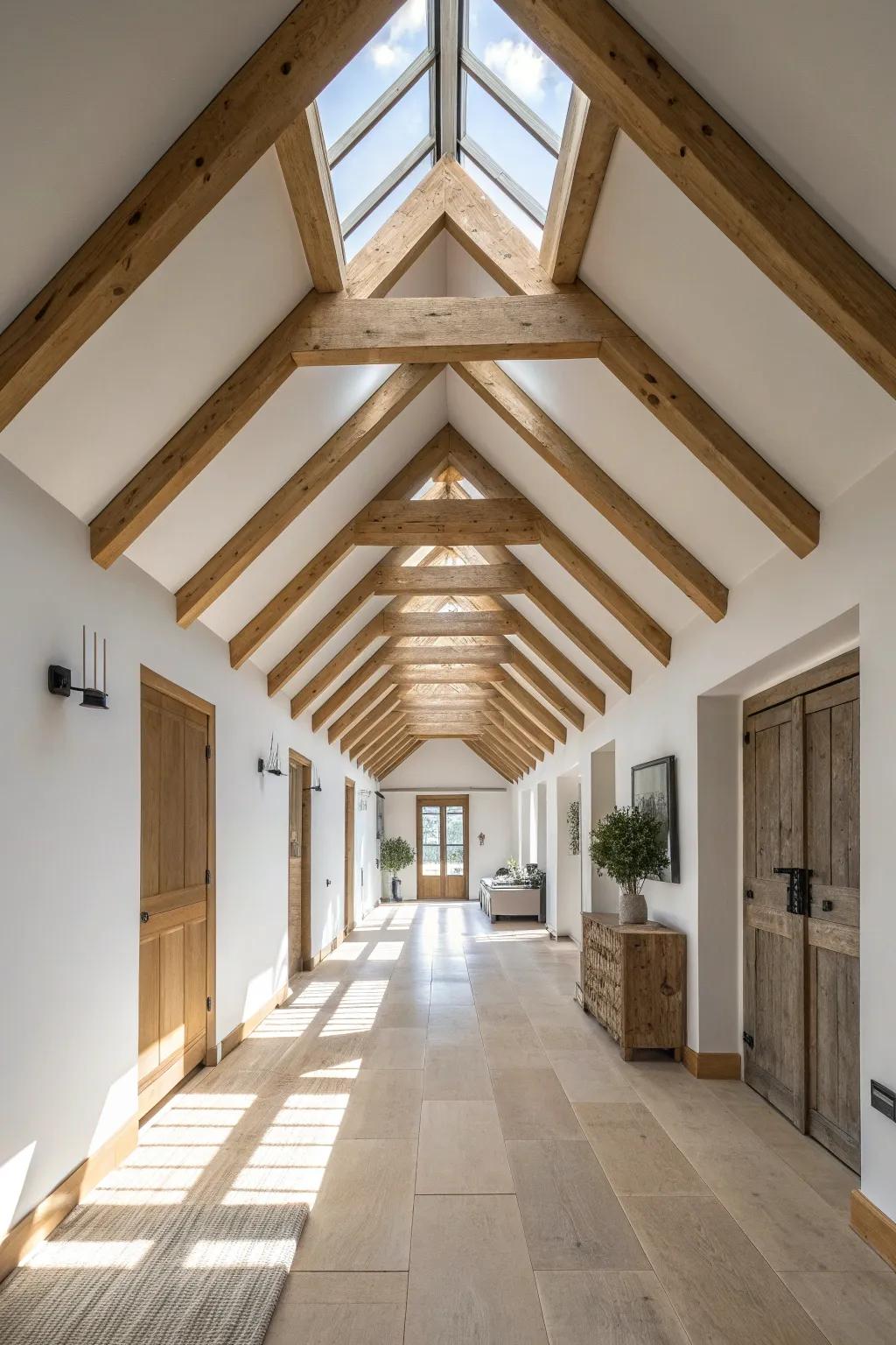 A skylight spine over the main aisle makes a small barn feel taller, brighter, and alive.