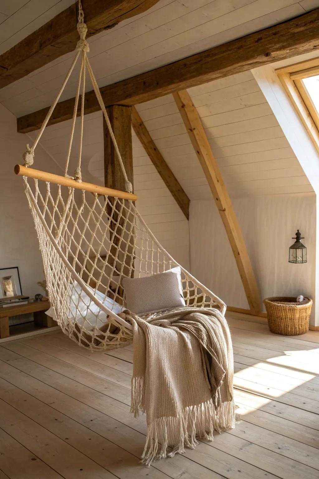 A floating rope-net corner that turns a small barn loft into the coziest hideaway.