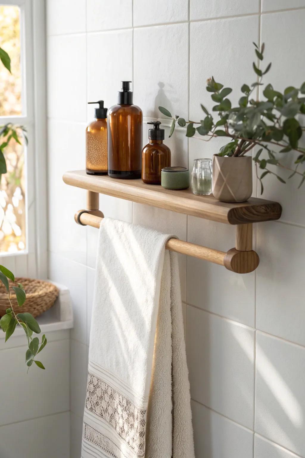 Small-space win: a handmade oak wall shelf that doubles as a towel bar—simple and beautiful.