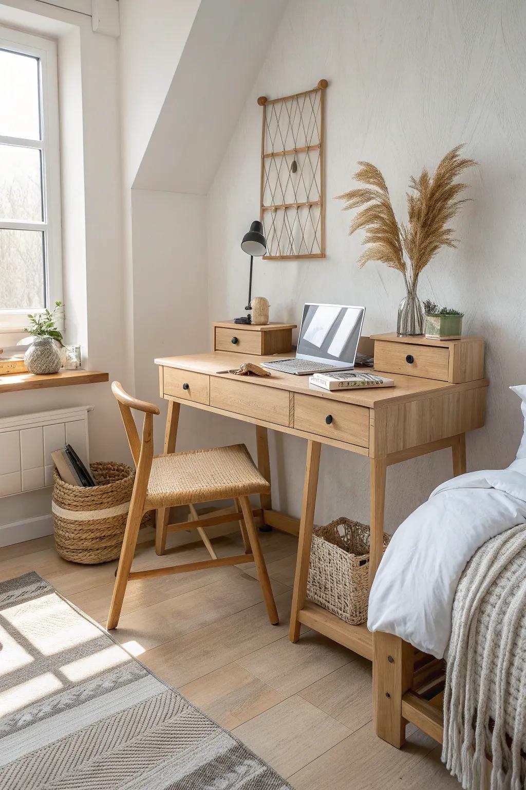 Match desk and bed wood tones for a cohesive small bedroom office that feels calm and built-in.