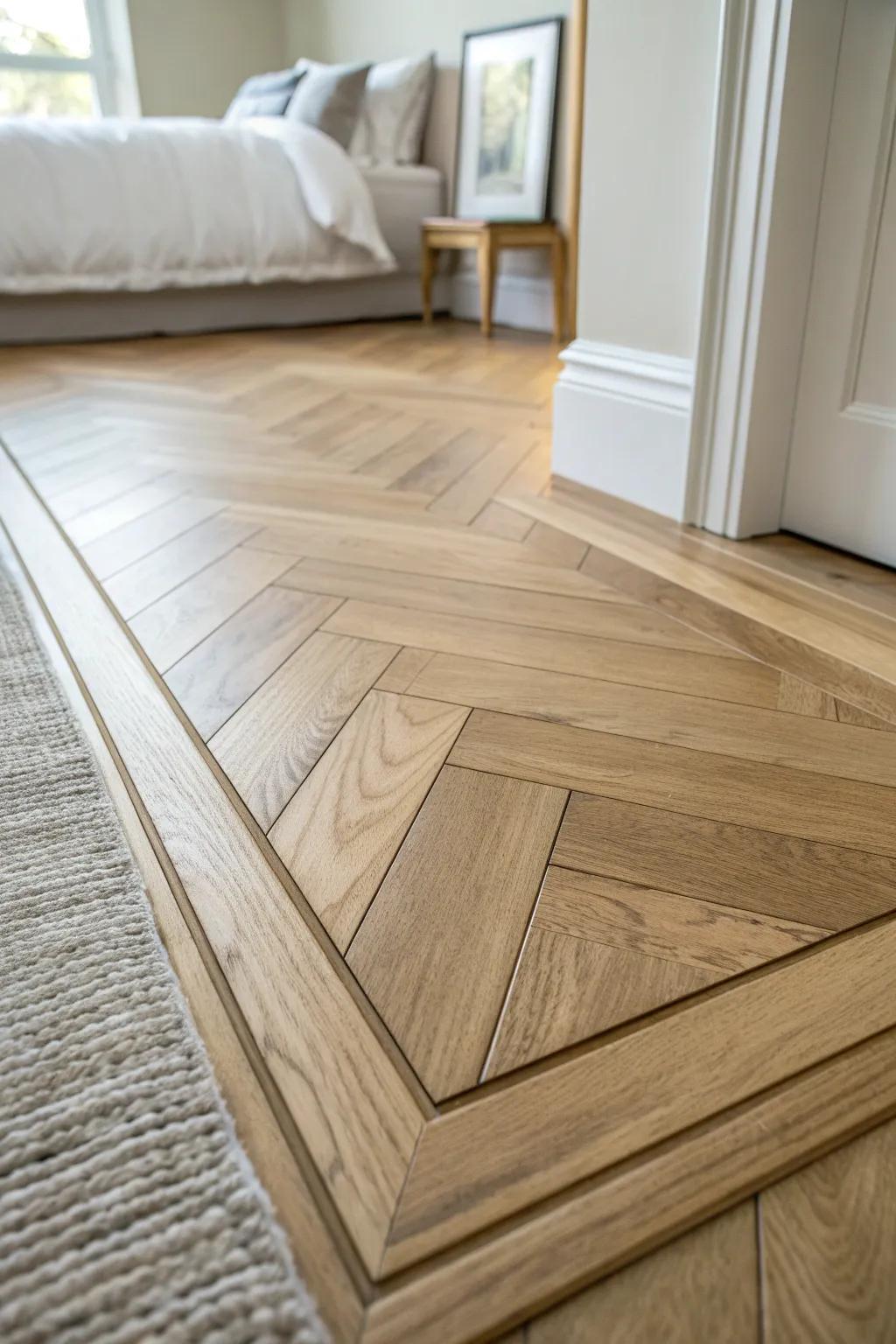 A crisp oak floor border and plank shift frames the sleep zone—minimal, crafted, calming.