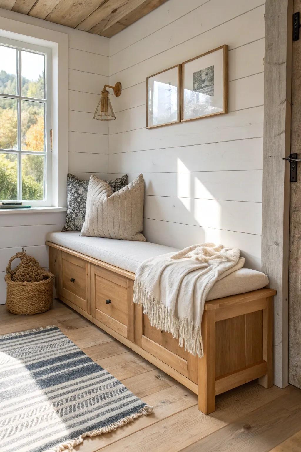 Slim built‑in wood bench with hidden storage turns an awkward cabin corner into a cozy lounge.