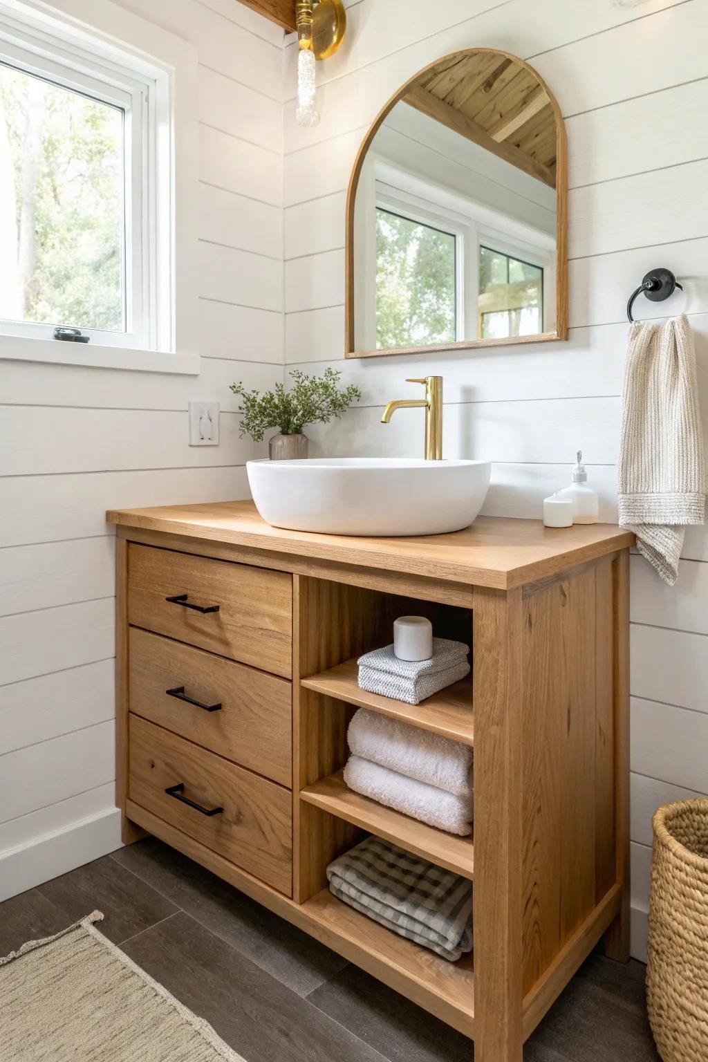A slim oak vanity keeps a tiny cabin bath airy—more storage, less bulk, all warmth.