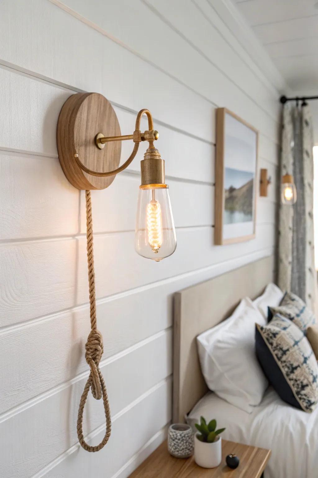 Space-saving oak wall sconce that adds a warm, beach-cabin glow to a small bedroom