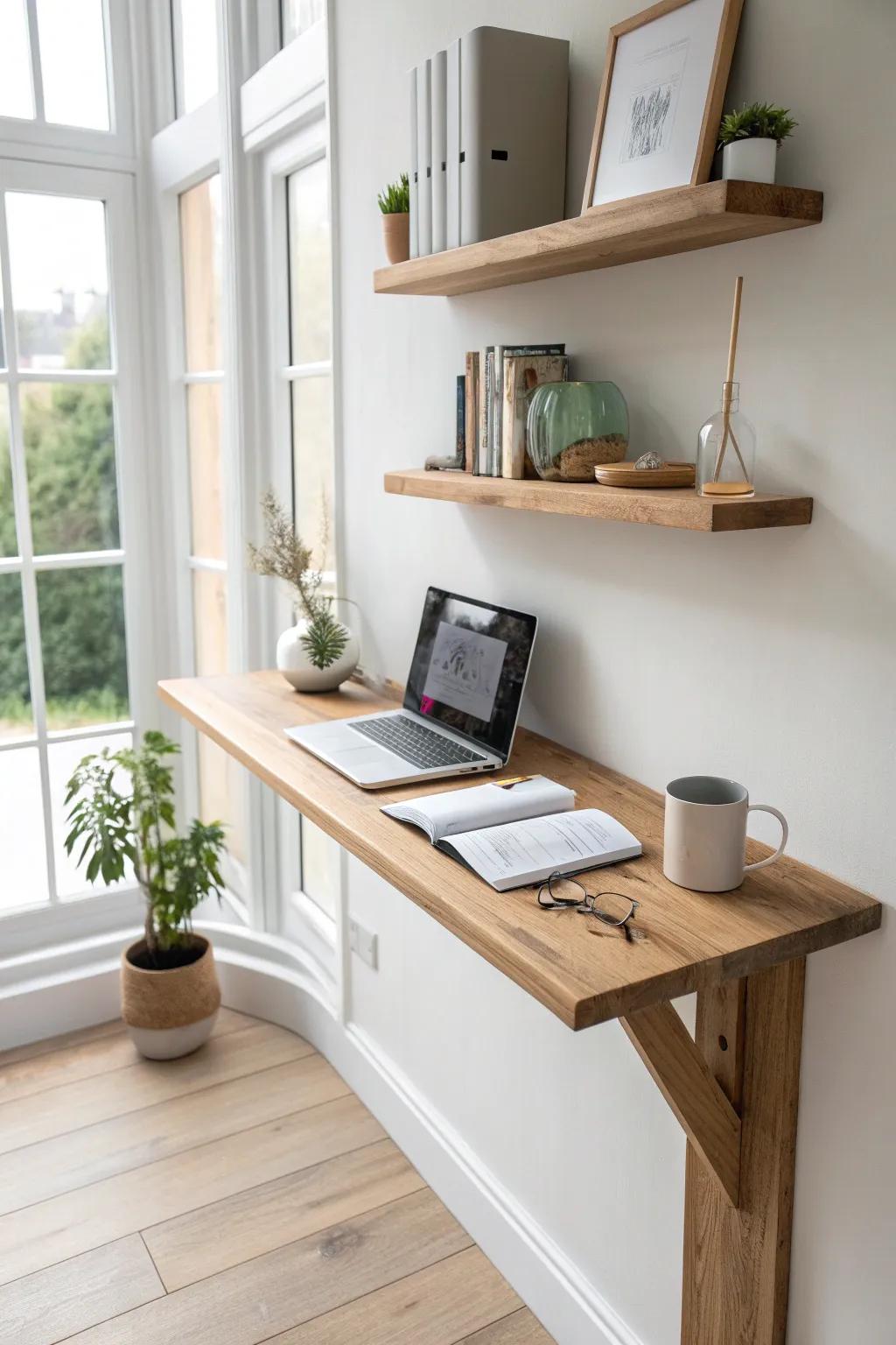 A sleek corner standing desk shelf in warm oak—minimal, airy, and beautifully practical.